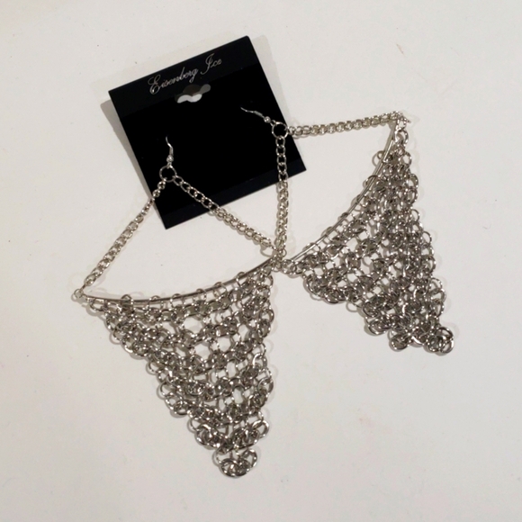 Women Silver tone Chainmail Statement Earrings – Bold Metal Mesh Dangle Earrings - Picture 3 of 8